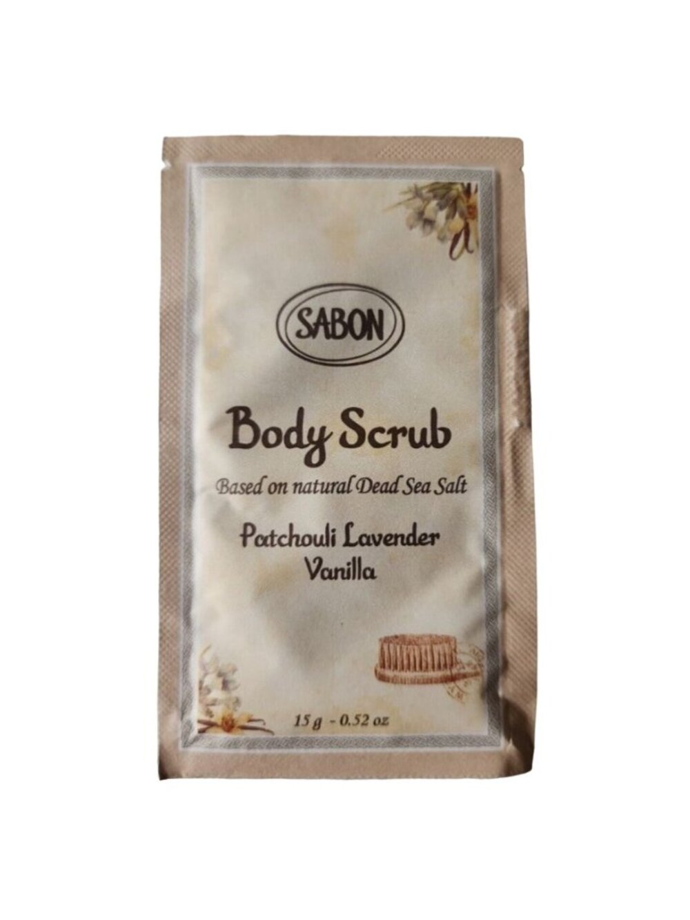 Sabon Body Scrub in Patchouli Lavender Vanilla Natural Dead Sea Salt 0.52oz/15g